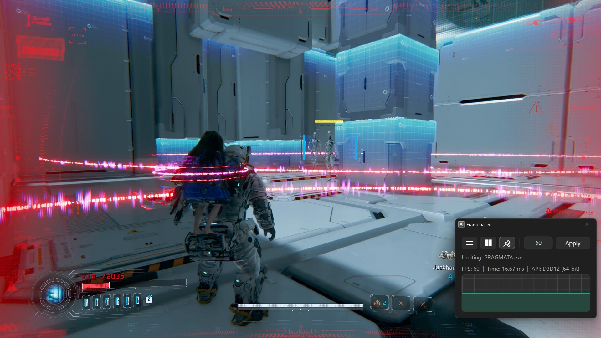 Pragmata gameplay running with framepacer enabled, showing a flat, smooth 60 FPS graph line