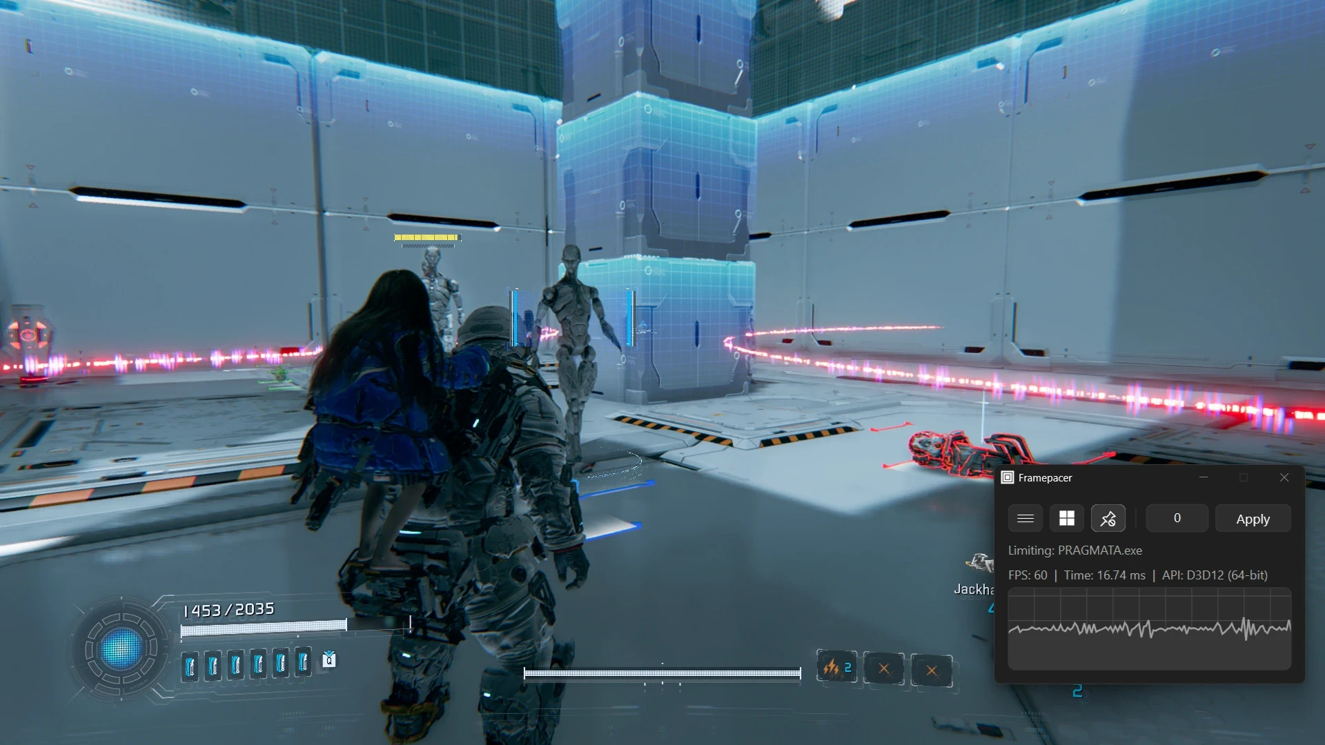 Pragmata gameplay running with an in-game 60 FPS limiter, showing an erratic frametime graph